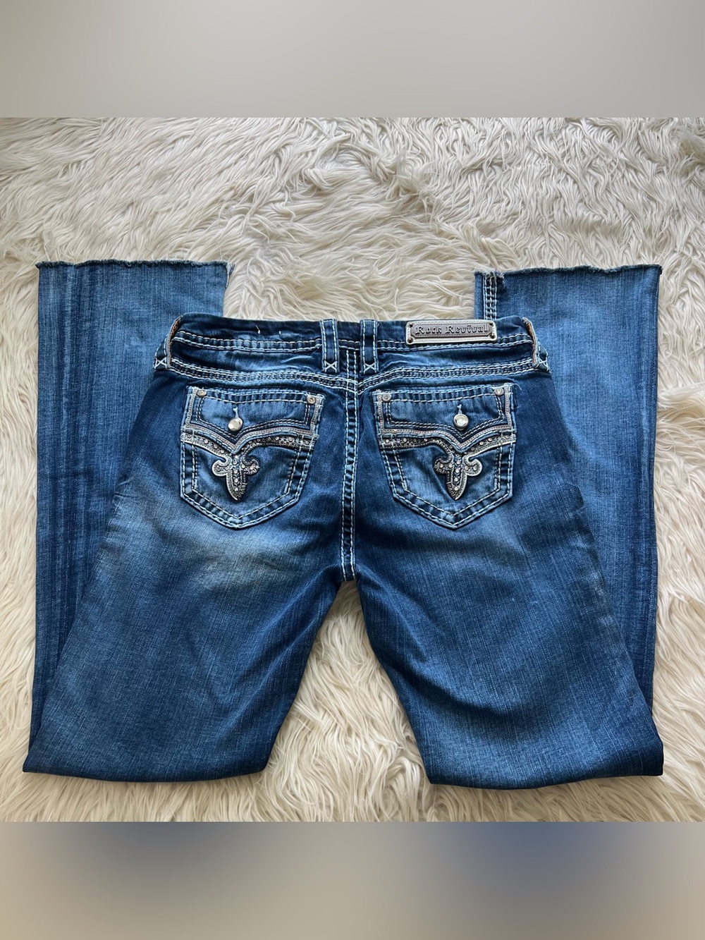 Y2K Rock Revival Betty Bootcut Jeans Rhinestone Flap Pocket Womens 32x32
